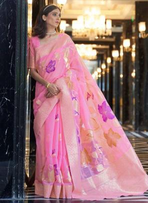 Pink Pure Linen Traditional Wear Weaving Saree