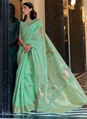 Pista Green Pure Linen Traditional Wear Weaving Saree