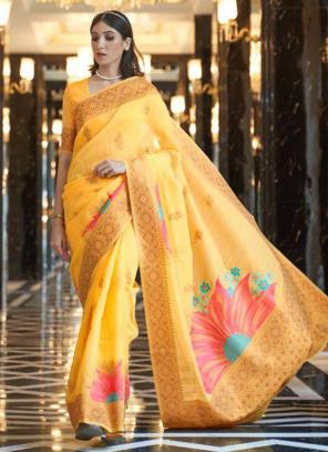 Yellow Pure Linen Traditional Wear Weaving Saree