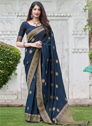 Navy Blue Satin Silk Wedding Wear Weaving Saree