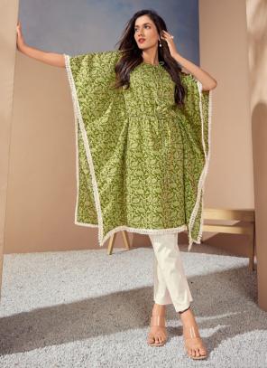 Green Cotton Casual Wear Printed Work Kaftan