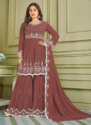 Buy Brown Faux Georgette Traditional Wear Mirror Work Sharara Suit