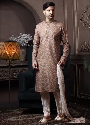 Light Brown Cotton Traditional Wear Printed Work Kurta Pajama
