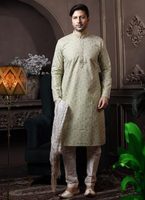Light Pista Cotton Traditional Wear Printed Work Kurta Pajama