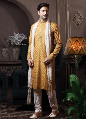 Mustard Cotton Traditional Wear Printed Work Kurta Pajama