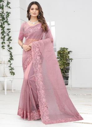 Pink Net Wedding Wear Coding Work Saree