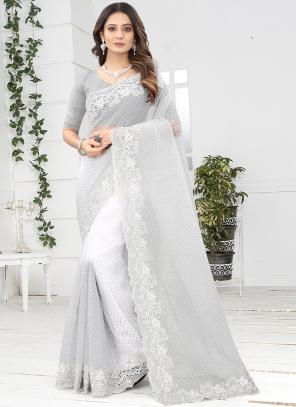 White Net Wedding Wear Coding Work Saree