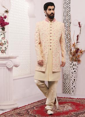 Cream Art Banarasi Silk Wedding Wear Embroidery Work Sherwani