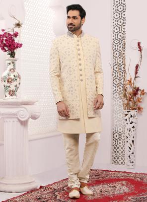 Cream Art Banarasi Silk Wedding Wear Embroidery Work Sherwani