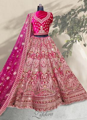 Pink Velvet Wedding Wear Embroidery Work Lehenga Choli