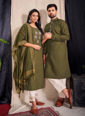 Green Cotton Traditional Wear Embroidery Work Couple Kurta Pajama