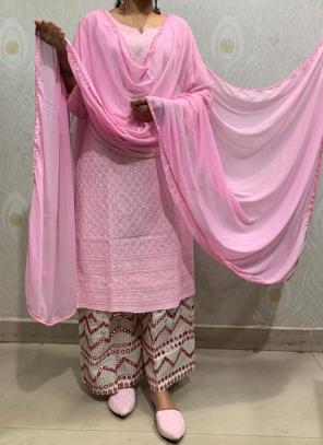 Pink Pure Cambric Cotton Festival Wear Sequins Work Kurti With Palazzo And Dupatta