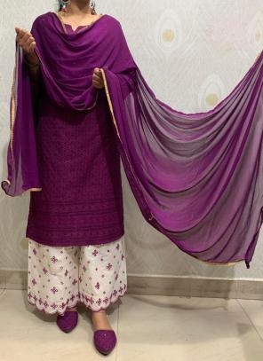 Purple Pure Cambric Cotton Festival Wear Sequins Work Kurti With Palazzo And Dupatta