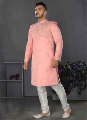 Pink Lakhnowi Silk Wedding Wear Weaving Sherwani