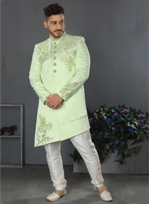 Pista Lakhnowi Silk Wedding Wear Weaving Sherwani