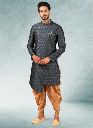 Dark gray Jacquard Brocade Silk Wedding Wear Pintux Peshawari Indo Western