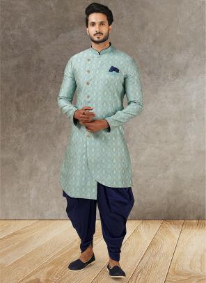 Light blue Jacquard Brocade Silk Wedding Wear Pintux Peshawari Indo Western