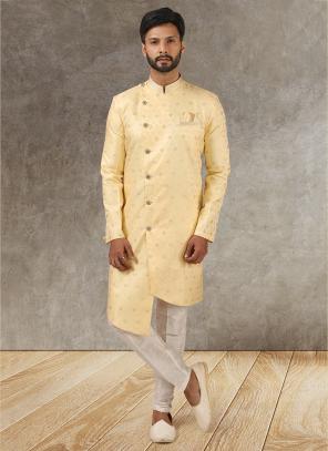 Yellow Jacquard Brocade Silk Wedding Wear Pintux Aligadhi Indo Western