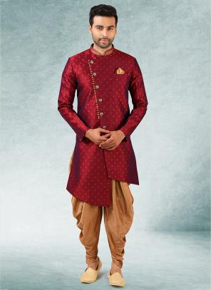 2 tone Maroon Jacquard Brocade Silk Wedding Wear Pintux Peshawari Indo Western