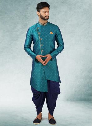 2 tone Rama Blue Jacquard Brocade Silk Wedding Wear Pintux Peshawari Indo Western