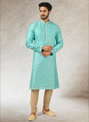 Green Art Silk Traditional Wear Printed Work Kurta Pajama