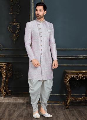 Multi Colour Banarasi Jacquard Wedding Wear Thread Work Sherwani