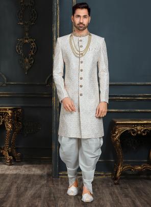 Off White Multi Colour Banarasi Jacquard Wedding Wear Thread Work Sherwani