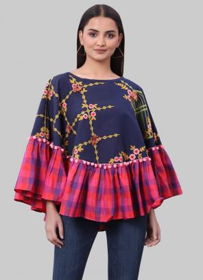 Navy Blue Khadi Cotton Party Wear Embroidery Work Top