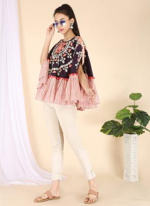 Wine Khadi Cotton Party Wear Embroidery Work Top