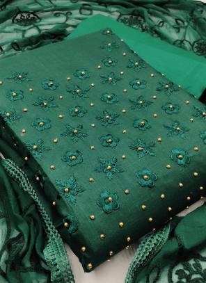 Green Slub Cotton Casual Wear Embroidery Work Dress Material