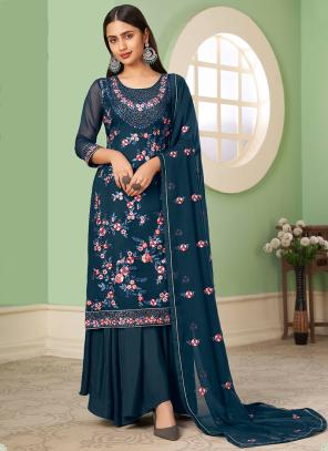 Blue Georgette Wedding Wear Embroidery Work Palazzo Suit