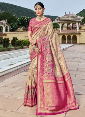 Beige Tissue Silk Wedding Wear Kanjivaram Saree