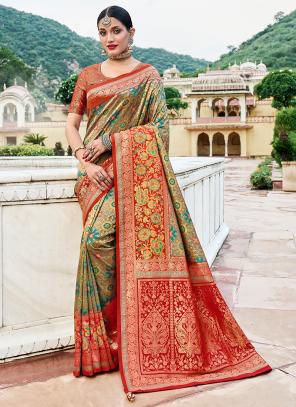Firozi Tissue Silk Wedding Wear Kanjivaram Saree