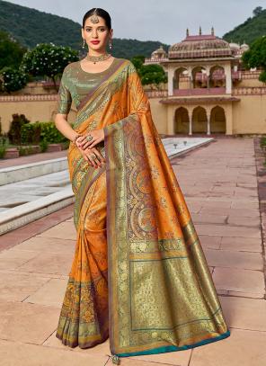 ORANGE Tissue Silk Wedding Wear Kanjivaram Saree