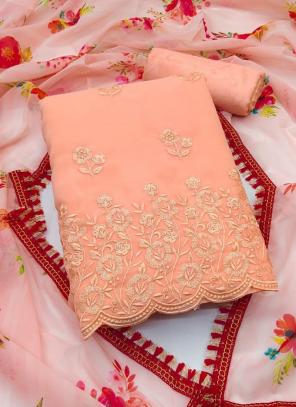 Peach Georgette Casual Wear Embroidery Work Dress Material