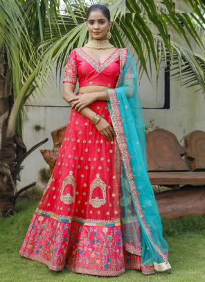 Dark Pink Net Silk Wedding Wear Embroidery Work Lehenga Choli