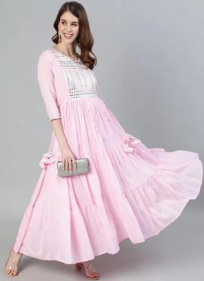 Pink Malmal Cotton Festival Wear Embroidery Work Gown