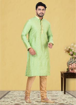 Green Thread cotton Traditional Wear Weaving Kurta Pajama