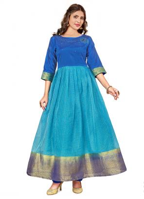 Sky Blue Pure Organza Traditional Wear Hand Work Gown