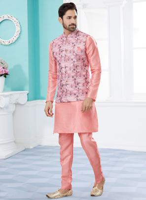 Pink Silk Dupion Traditional Wear Weaving Kurta Pajama With Jacket
