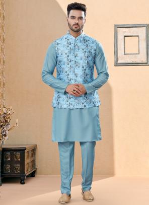 Sky Blue Silk Dupion Traditional Wear Weaving Kurta Pajama With Jacket
