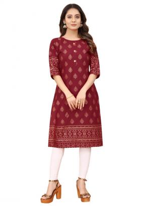 Red Cotton Daily Wear Foil Printed Kurti