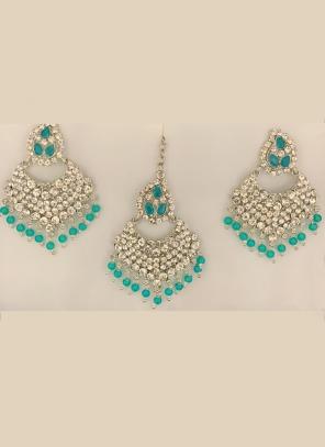 Sky Blue Pasa Design Diamond Studded Earrings With Maang Tikka