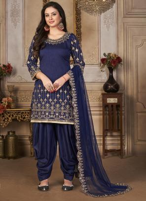 Navy Blue Art Silk Diwali Wear Embroidery Work Patiyala Suit