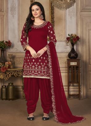Red Art Silk Diwali Wear Embroidery Work Patiyala Suit