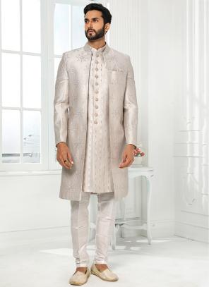 light gray Art Silk Wedding Wear Thread Work Sherwani