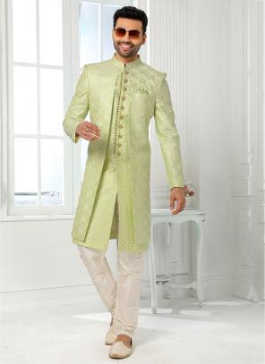 pista green Art Silk Wedding Wear Thread Work Sherwani