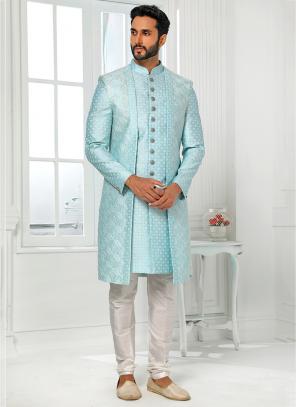 sky blue Art Silk Wedding Wear Thread Work Sherwani