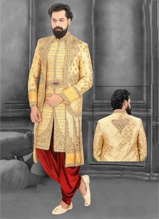 Yellow And Red Brocade Wedding Wear Embroidery Work Dhoti Sherwani