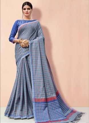 Sky Blue Linen Cotton Traditional Wear Handloom Saree